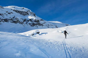Backcountry ski touring in Upper Marriott Basin in winter, Coast Mountains British Columbia
