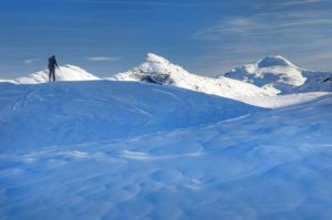 Backcountry ski touring in Upper Marriott Basin in winter, Coast Mountains British Columbia