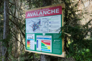 Avalanche warning sign Coast Mountains British Columbia