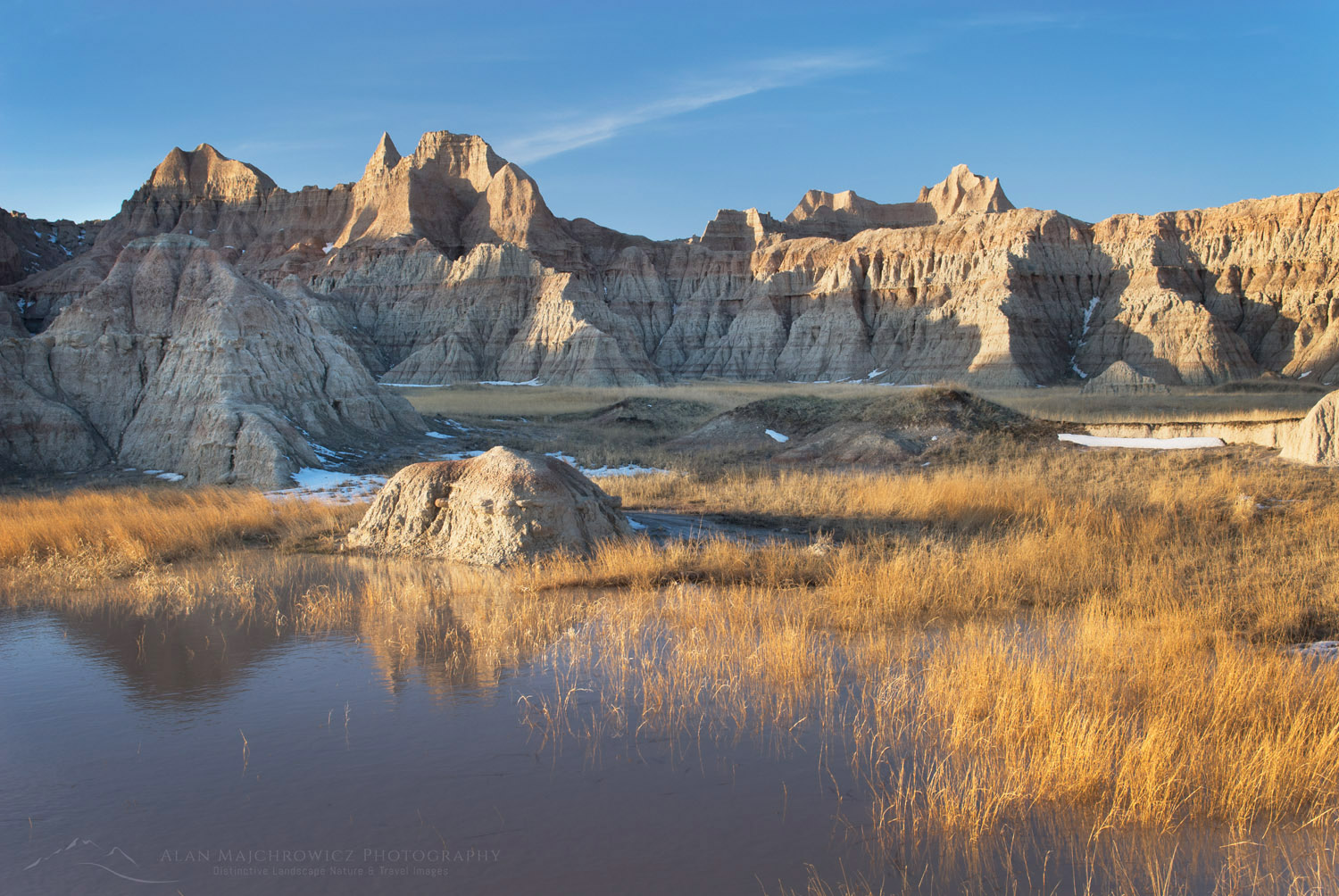 Badlands hoodoos reflected in seasonal pools, Badlands National Park South Dakota #22442