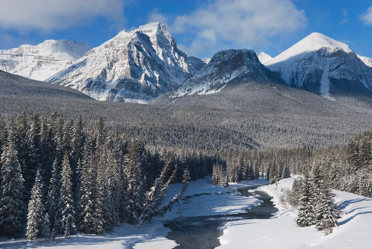 Bow River and Peaks of the Bow Range in winter, Banff National Park Alberta Canada #43857