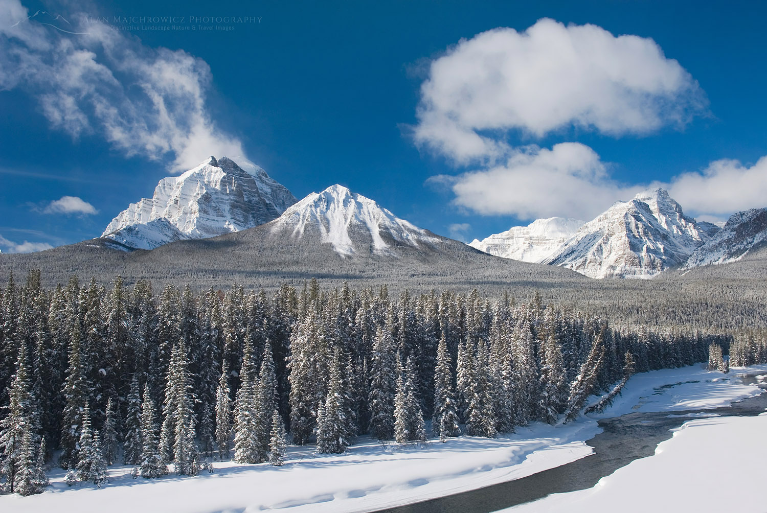 Mount Temple and the Bow River in winter, Banff National Park Alberta Canada #43869