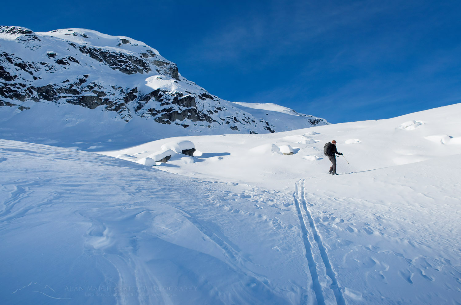 Backcountry ski touring in Upper Marriott Basin in winter, Coast Mountains British Columbia #50337
