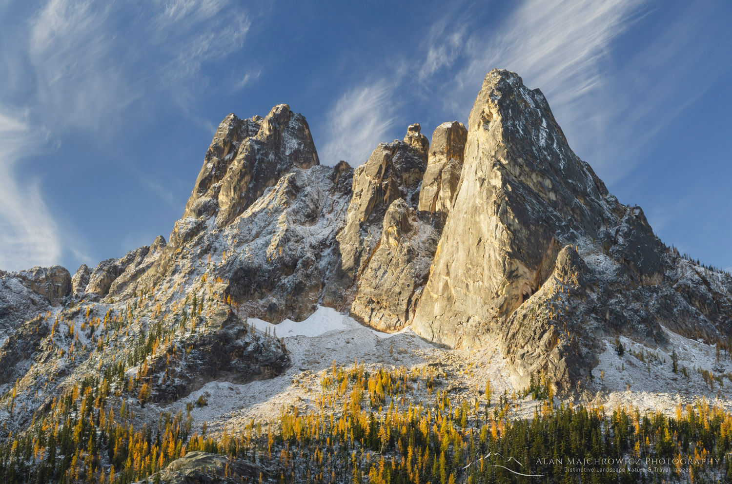 Liberty Bell Mountain, Early Winters Spires, and gloden autumn Larches. Seen from Washington Pass Overlook. North Cascades, Washington #64568