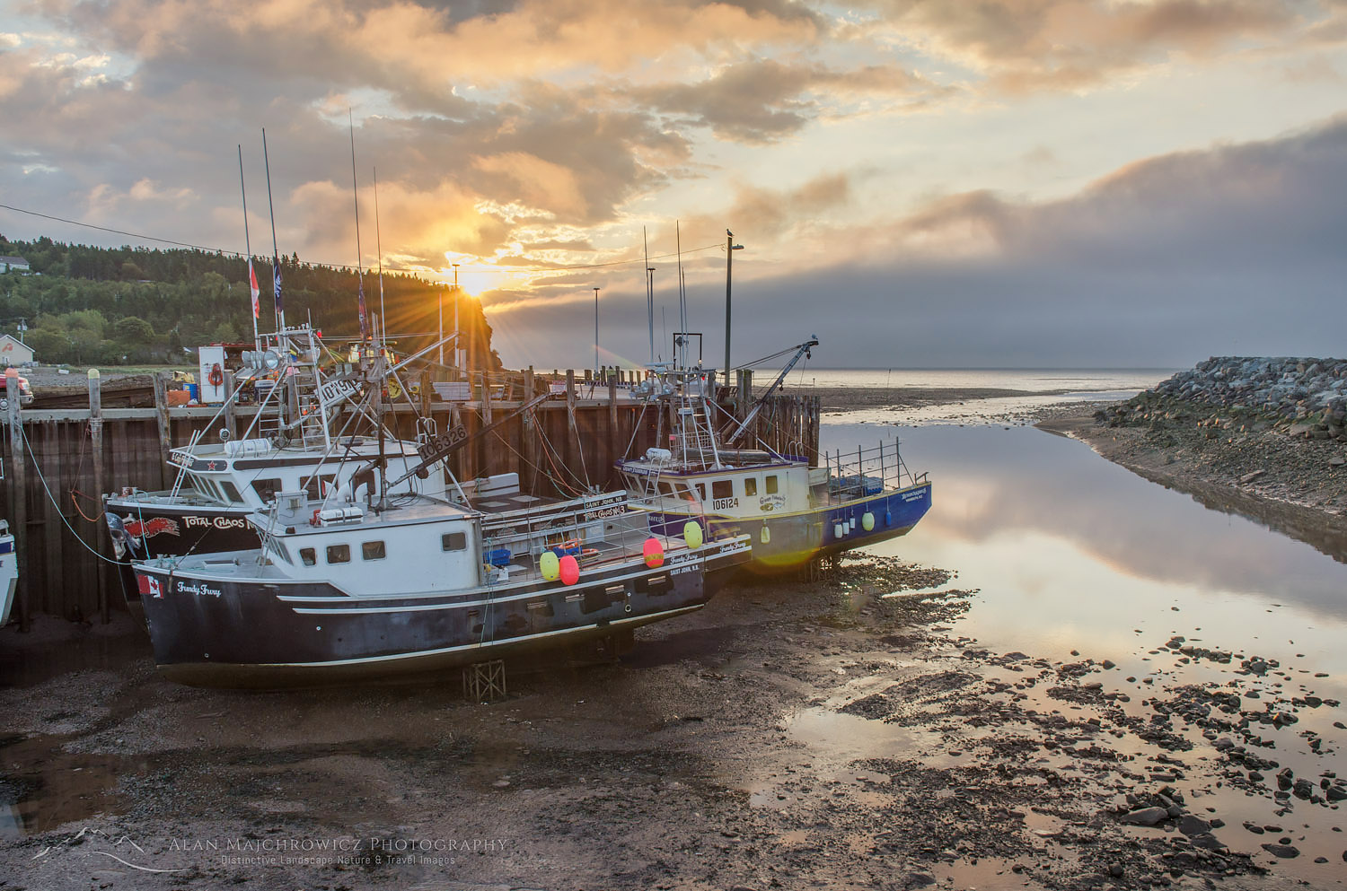 Fishing boats resting on mud bottom of Bay of Fundy during low tide, Alma New Brunswick #58535