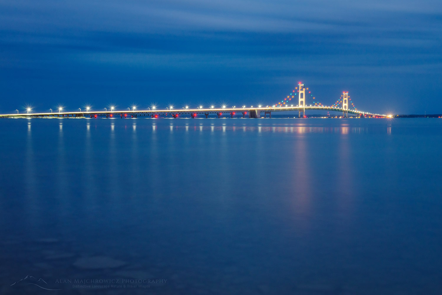 Lights on Mackinac Bridge at twilight, seen from Saint Ignace, Upper Peninsula Michigan #63750
