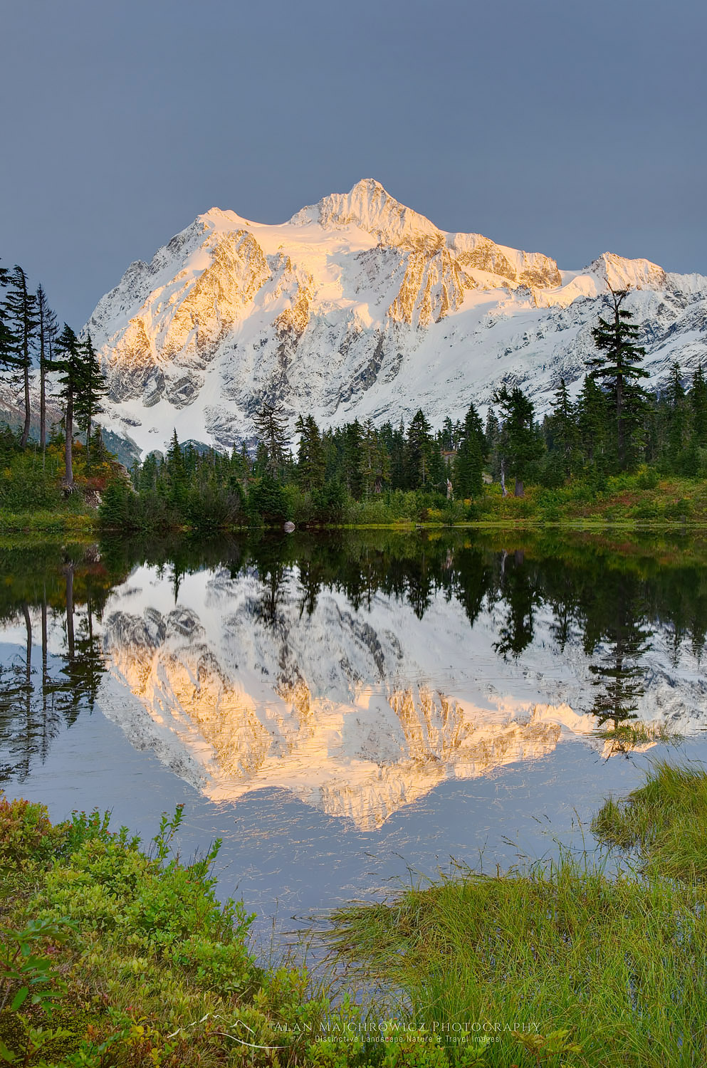 Mount Shuksan reflected in Picture Lake on a fall evening, North Cascades Washington #46633