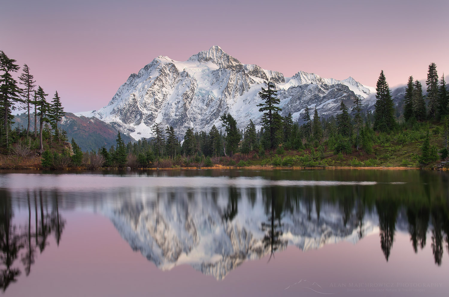 Alpenglow over Mount Shuksan seen from Picture Lake, Heather Meadows Recreation Area, North Cascades Washington #55173
