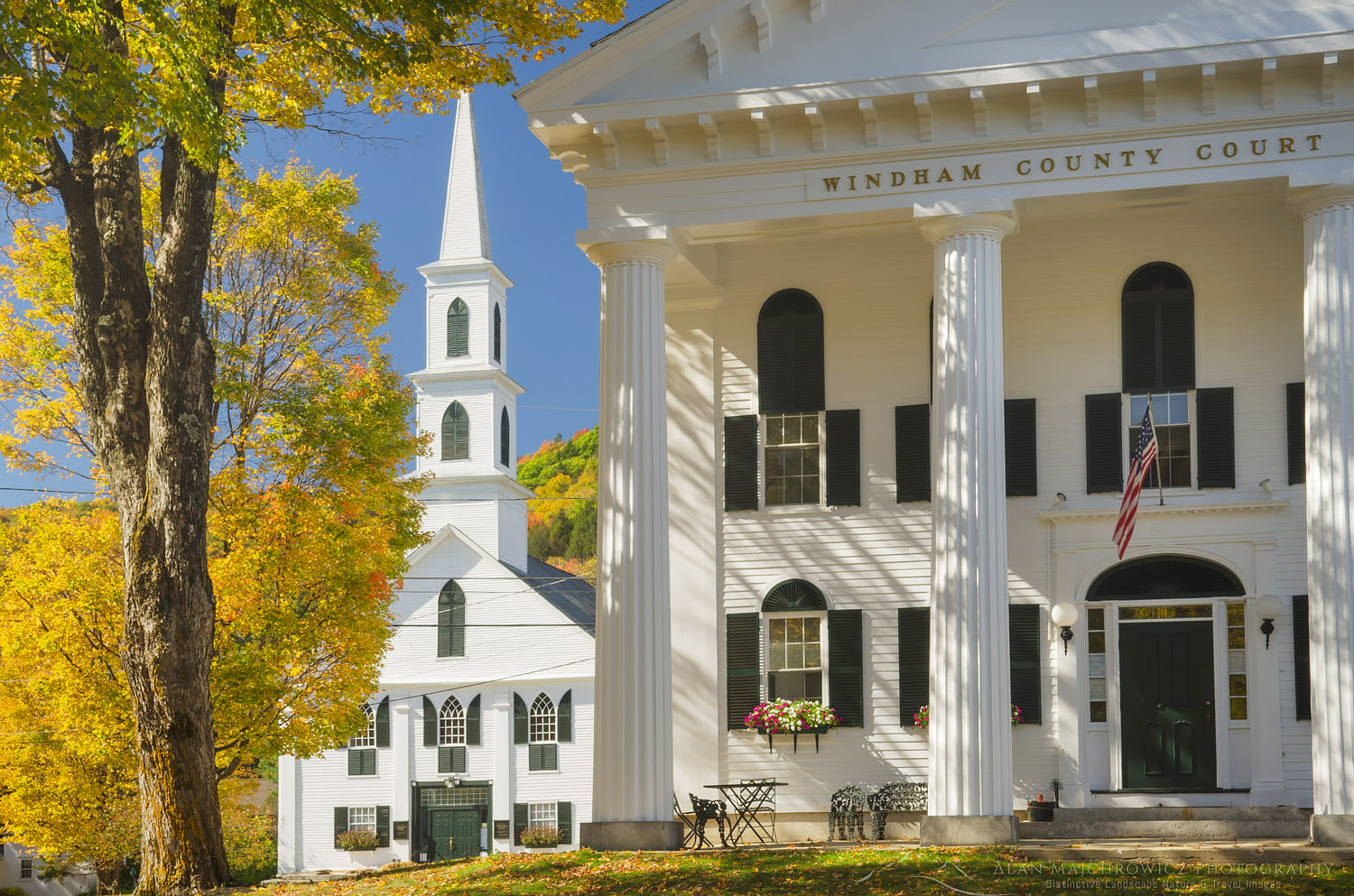Windham County courthouse and church framed in golden fall foliage, Newfane, Vermont #59463