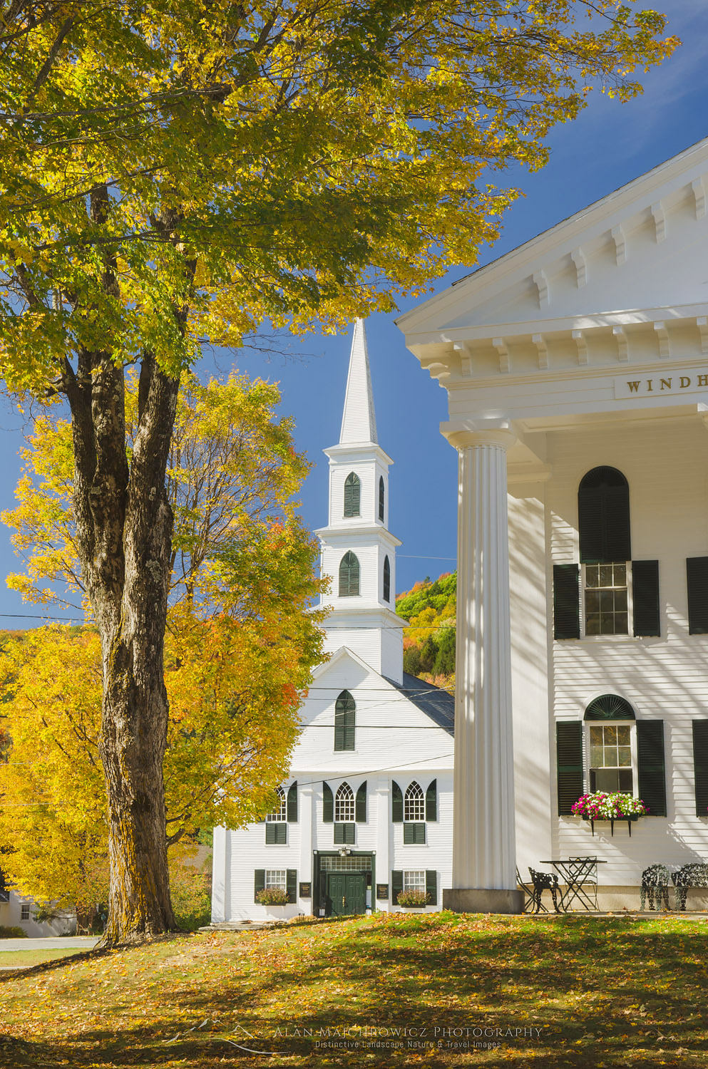 Windham County courthouse and church framed in golden fall foliage, Newfane, Vermont #59466