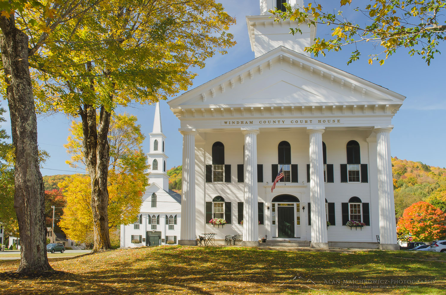 Windham County courthouse and church framed in golden fall foliage, Newfane, Vermont #59468