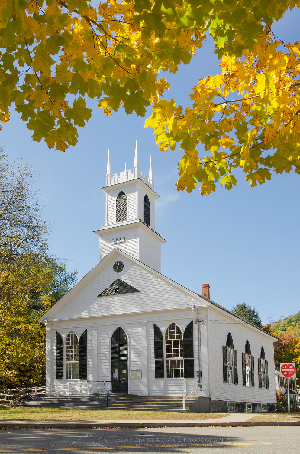 White church framed in golden fall foliage, Newfane, Vermont #59473