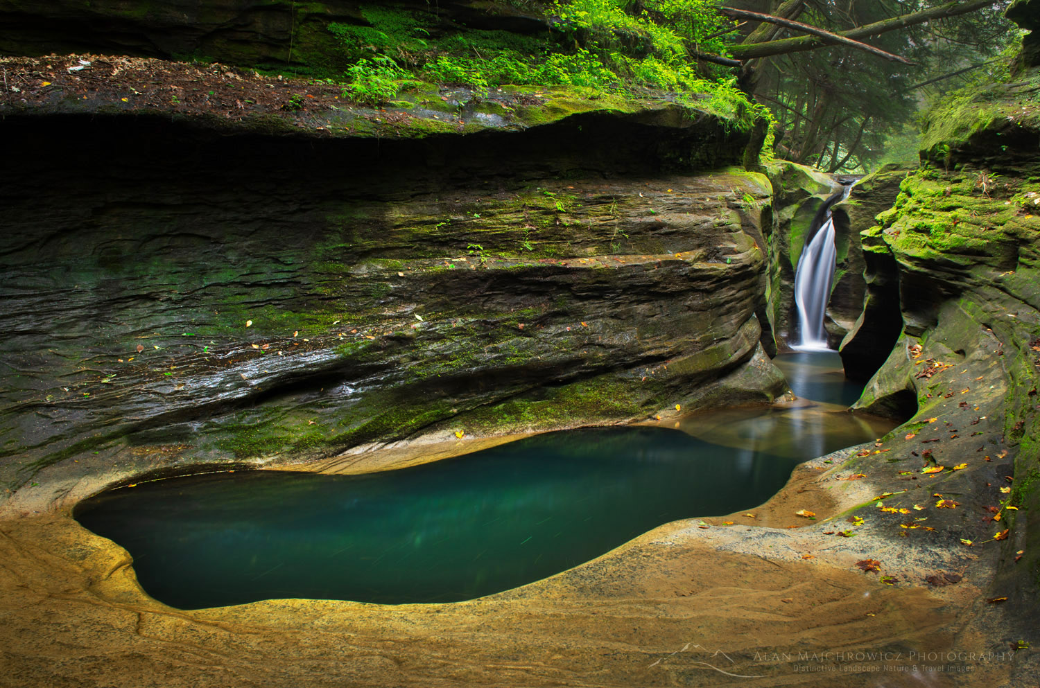 Robinson Falls, also known as Corkscrew Falls, carves through a small gorge of Black Hand Sandstone. Boch Hollow State Nature Preserve. Hocking Hills Ohio #63313
