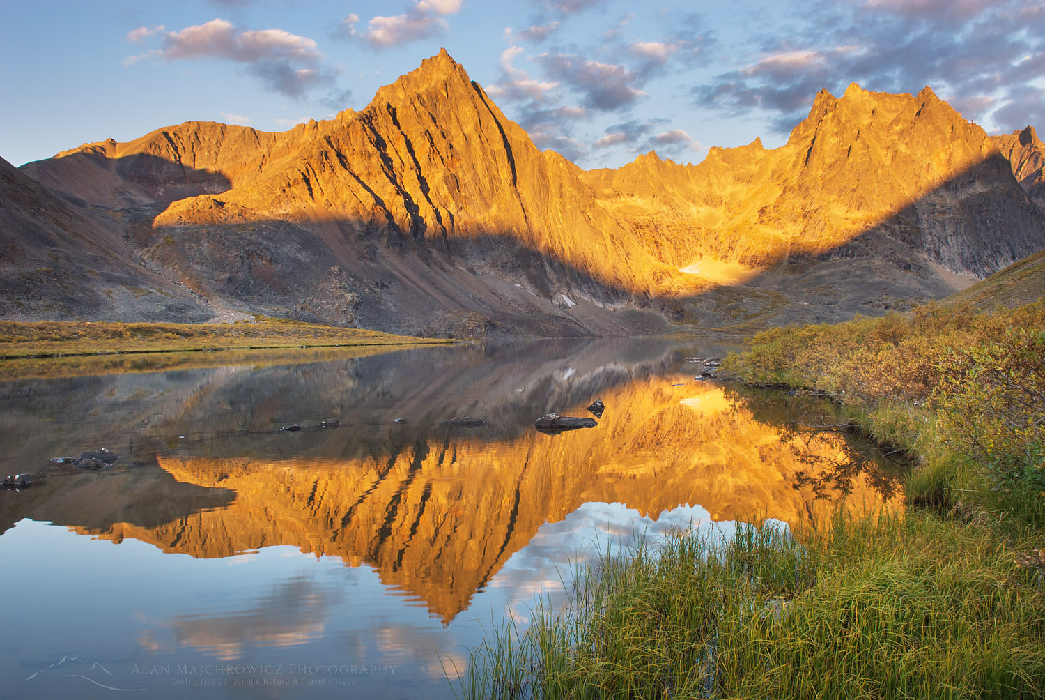 Peaks of the Tombstone Range reflected in Grizzly Lake, Tombstone territorial Park Yukon Canada #15154