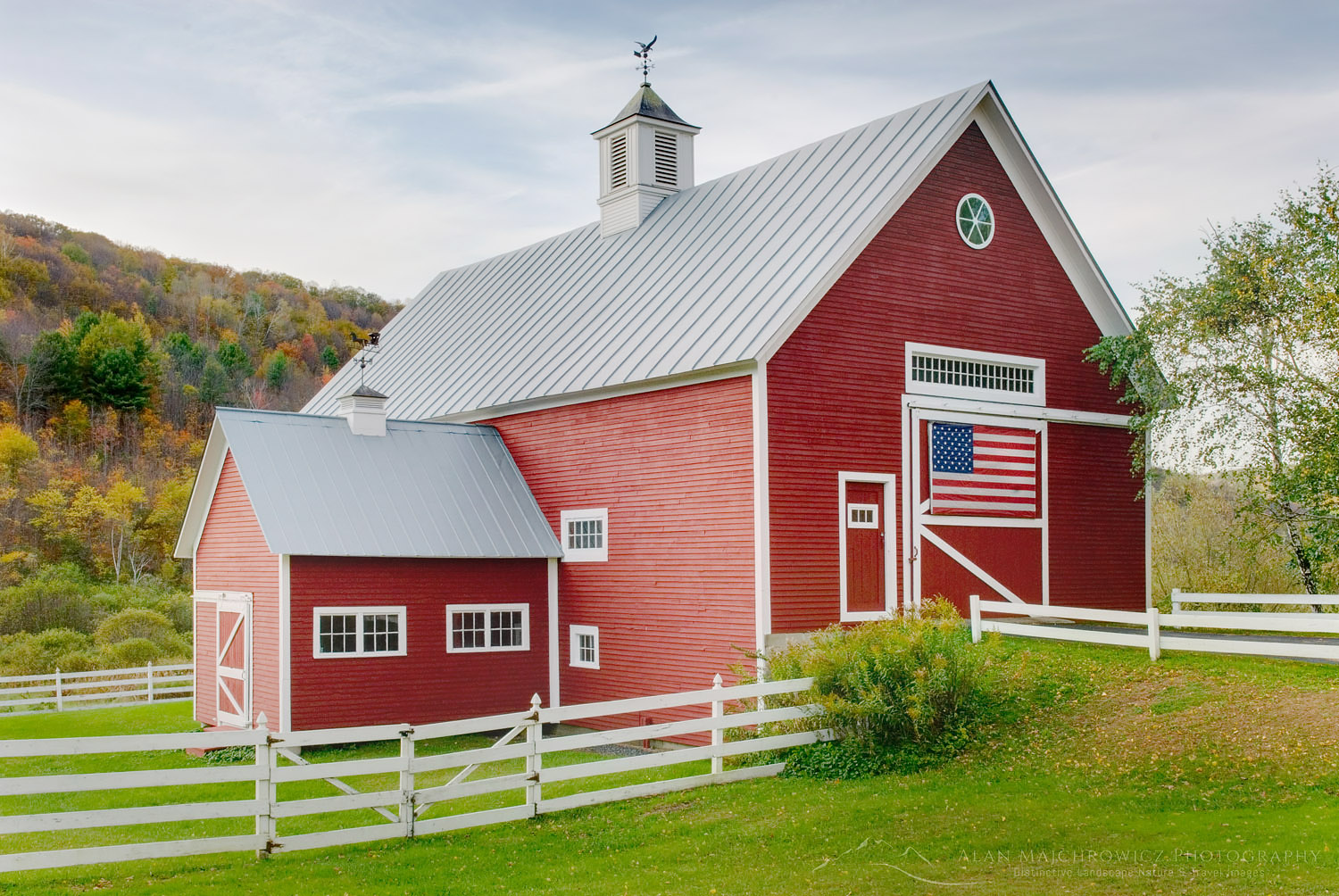 Classic New England farm with red barn and white fence, Vermont #7595