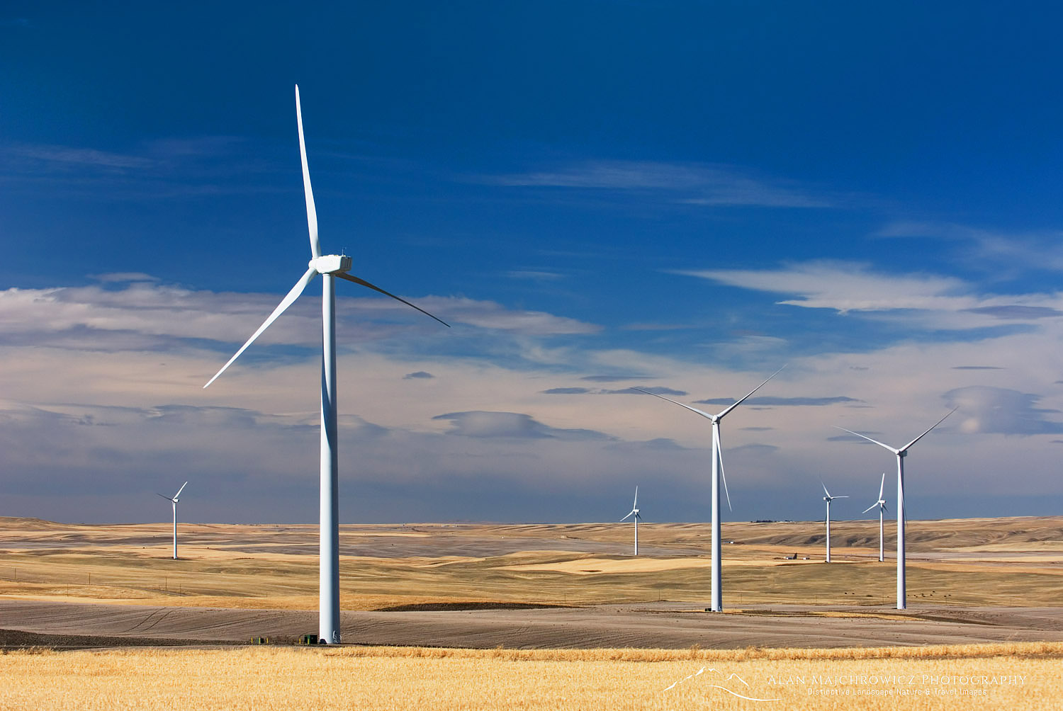 Wind turbines stand amidst the plains of eastern Montana near the Rocky Mountain front ranges of Glacier National Park #21380
