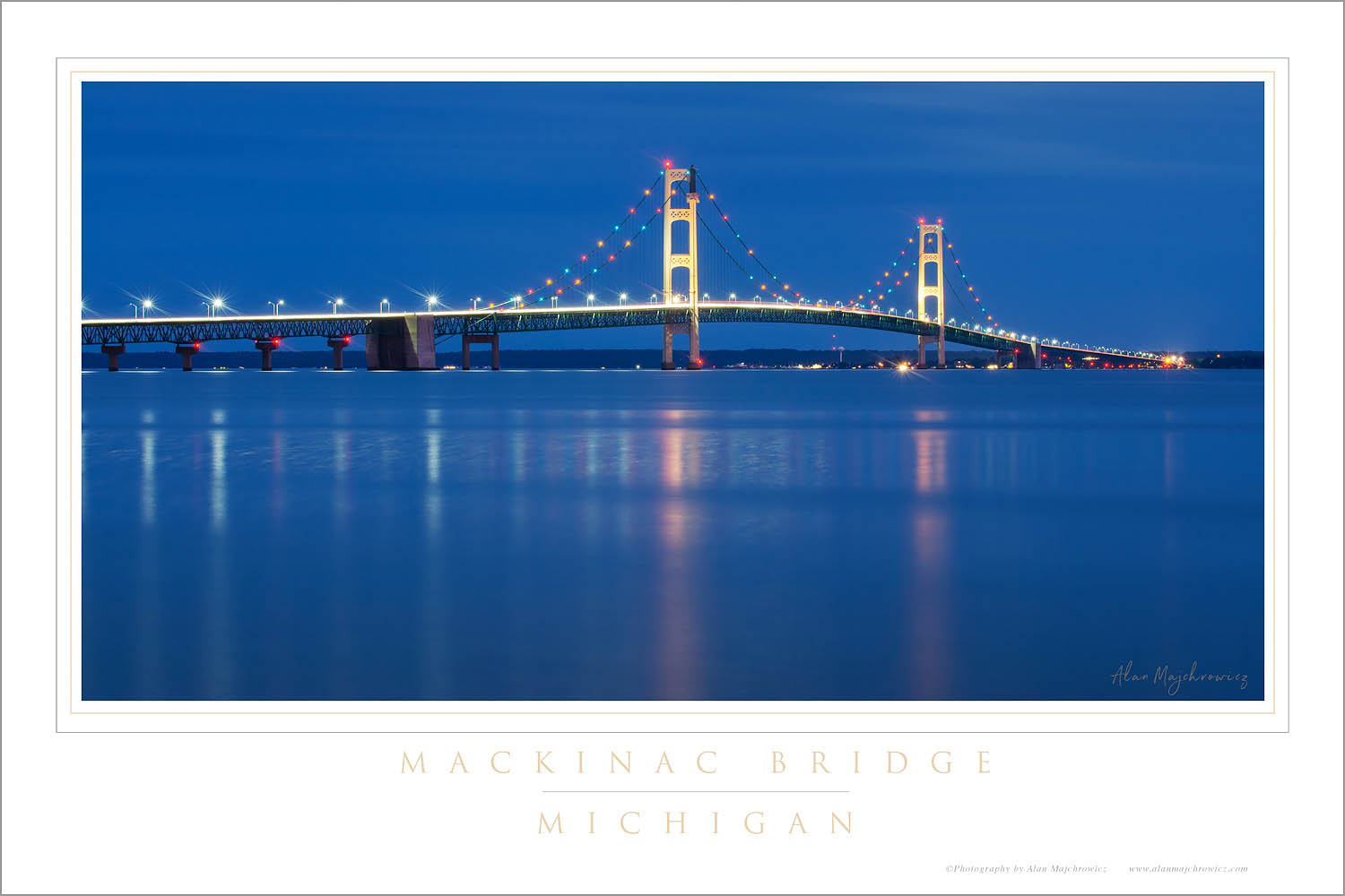 Lights on Mackinac Bridge at twilight, seen from Saint Ignace, Upper Peninsula Michigan.