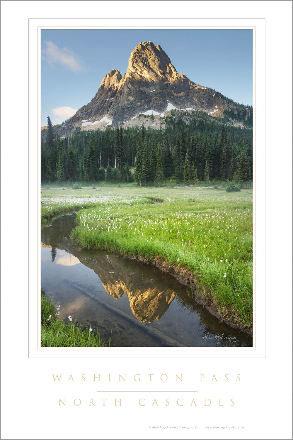 Liberty Bell Mountain reflected in waters of State Creek, Washington Pass meadows, North Cascades Washington