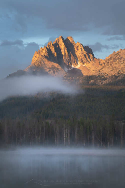 Morning fog around Mount Heyburn and Little Redfish Lake Sawtooth Mountains Idaho