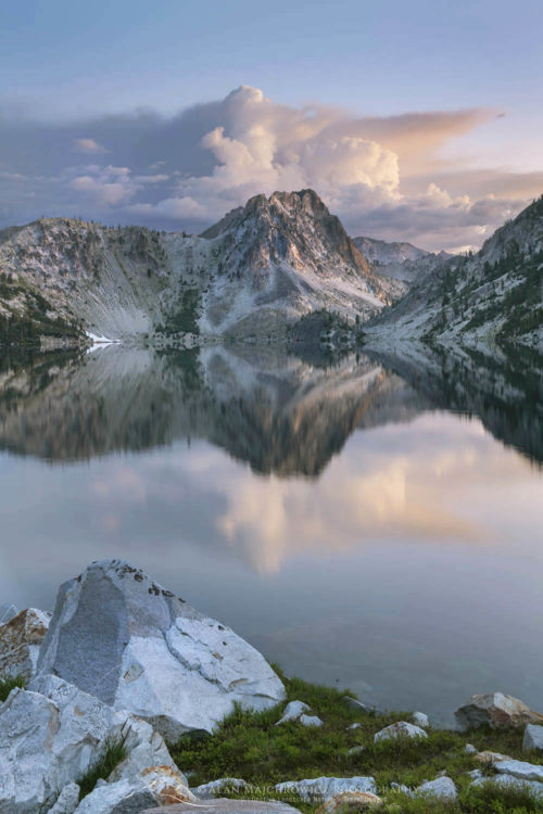 Morning clouds mirrored in still waters of Sawtooth Lake. Sawtooth Mountains Wilderness Idaho #65940