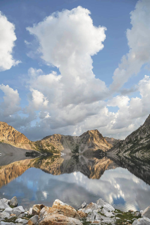 Morning clouds mirrored in still waters of Sawtooth Lake. Sawtooth Mountains Wilderness Idaho #65974
