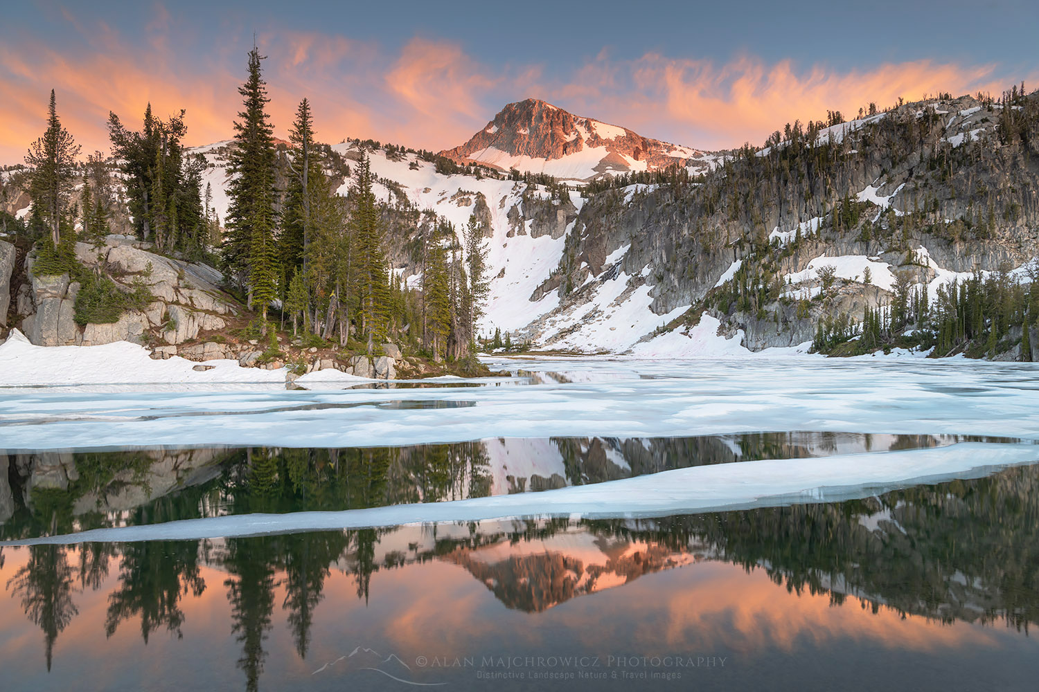 Alpenglow over Eagle Cap reflected in Mirror Lake, Eagle Cap Wilderness, Wallowa Mountains, Oregon #68793