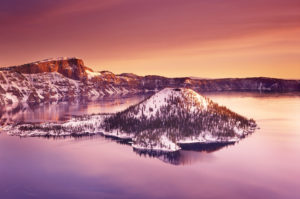 Winter dawn over Crater Lake and Wizard Island