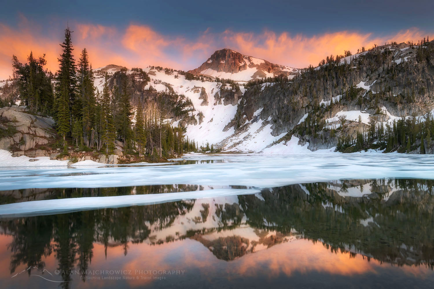 Alpenglow over Eagle Cap reflected in Mirror Lake, Eagle Cap Wilderness, Wallowa Mountains, Oregon #68794or