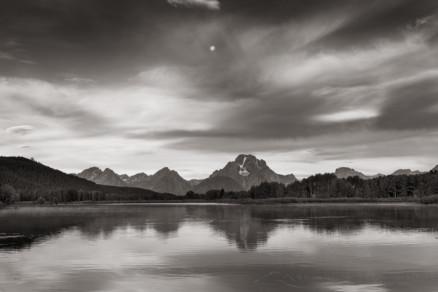 Full moon and Mount Moran Oxbow Bend Grand Teton National Park Wyoming #67731bw