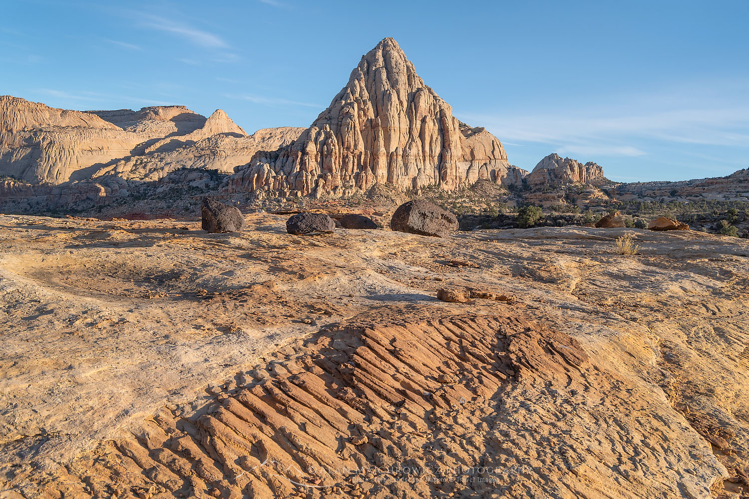 Pectols Pyramid and striated sandstone slickrock, Capitol Reef National Park Utah #75667