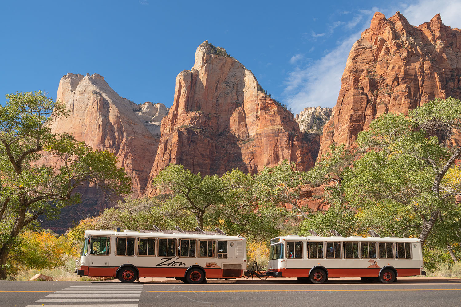 Zion Shuttle Bus at Court of the Patriarchs Zion National Park Utah