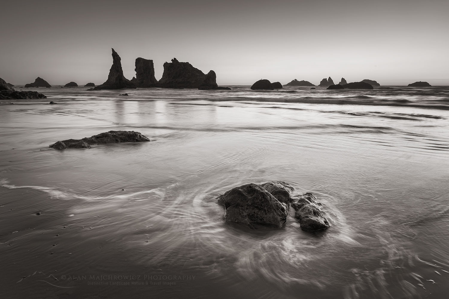 Twilight over Bandon Beach at low tide Bandon Oregon #71038bw