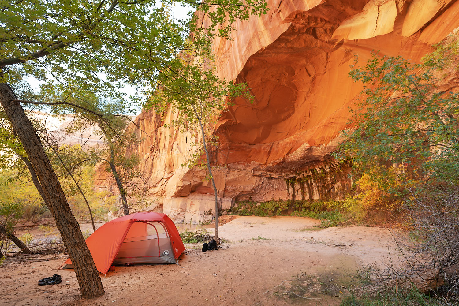 Backcountry camp with red tent in Coyote Gulch, Glen Canyon National Recreation Area Utah