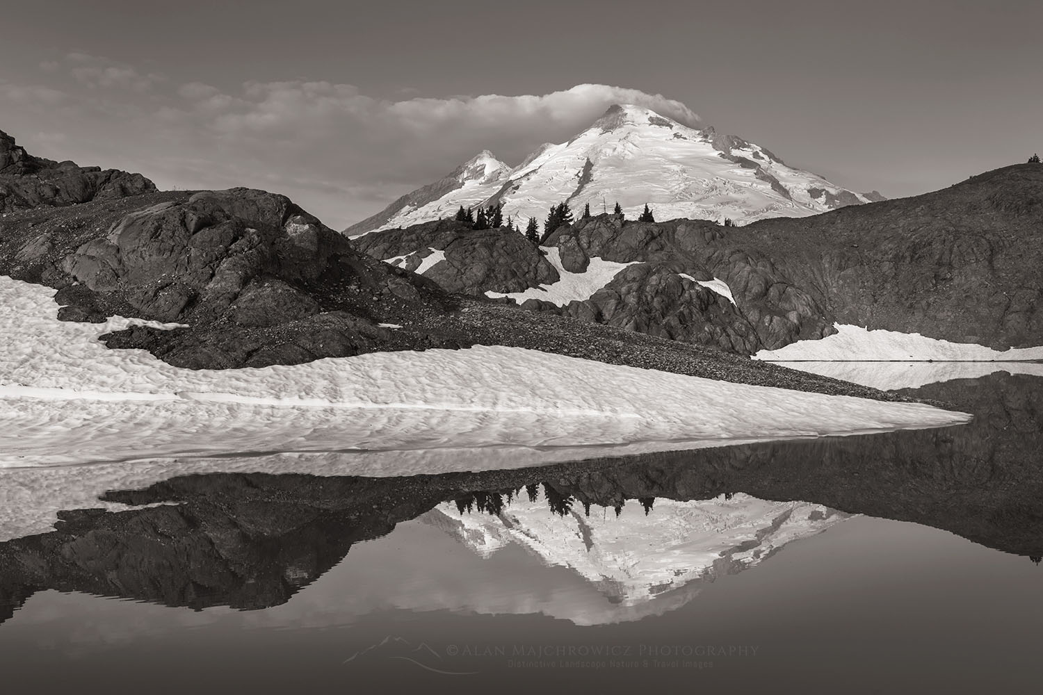 Mount Baker reflected in Goat Lake on Ptarmigan Ridge. Mount Baker Wilderness, North Cascades Washington #73686bw