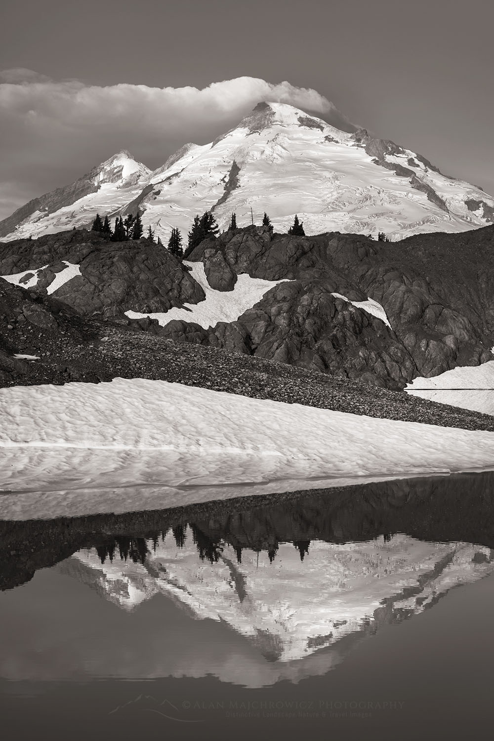 Mount Baker reflected in Goat Lake on Ptarmigan Ridge. Mount Baker Wilderness, North Cascades Washington #73687bw
