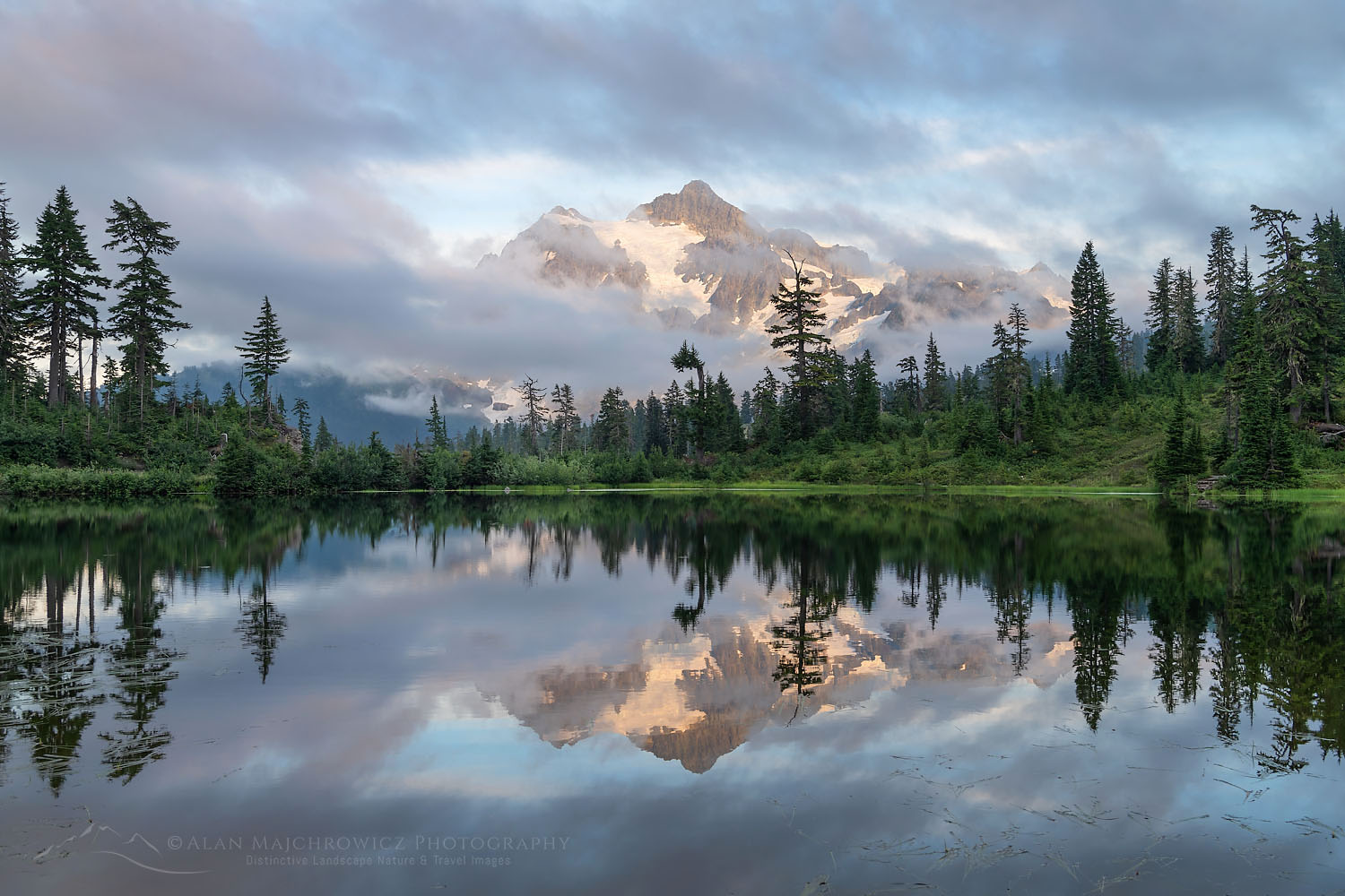Mount Shuksan reflected in Picture Lake. Heather Meadows Recreation Area, Mount Baker Snoqulane National Forest. North Cascades Washington #73443