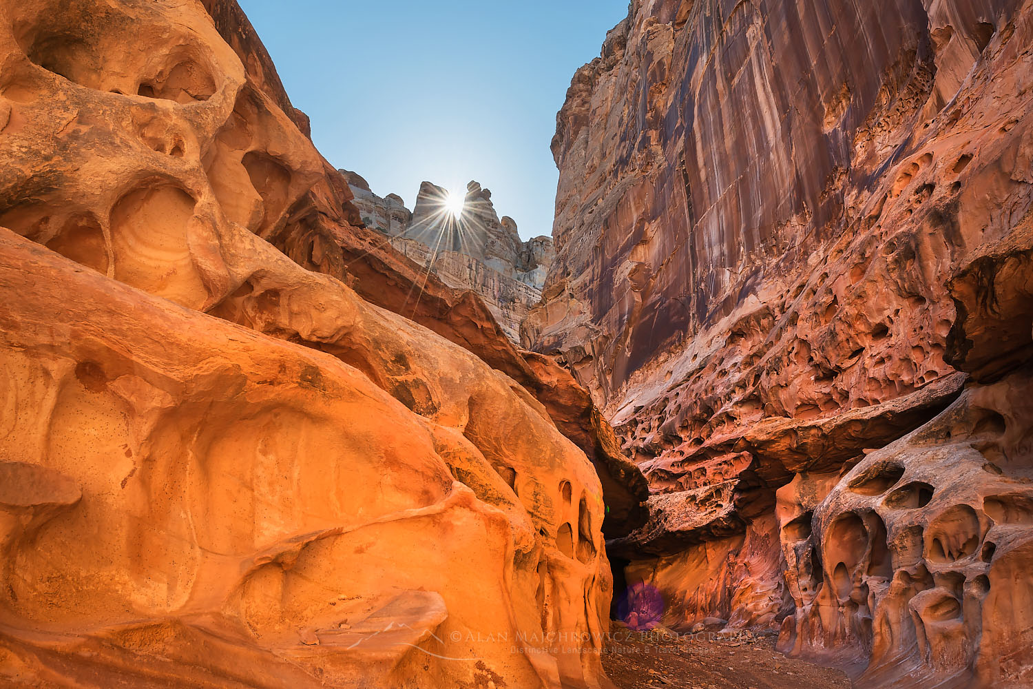 Eroded sandstone walls resembling Swiss Cheese at the entrnace to the "subway" slot portion to Crack Canyon San Rafael Reef Utah #75118