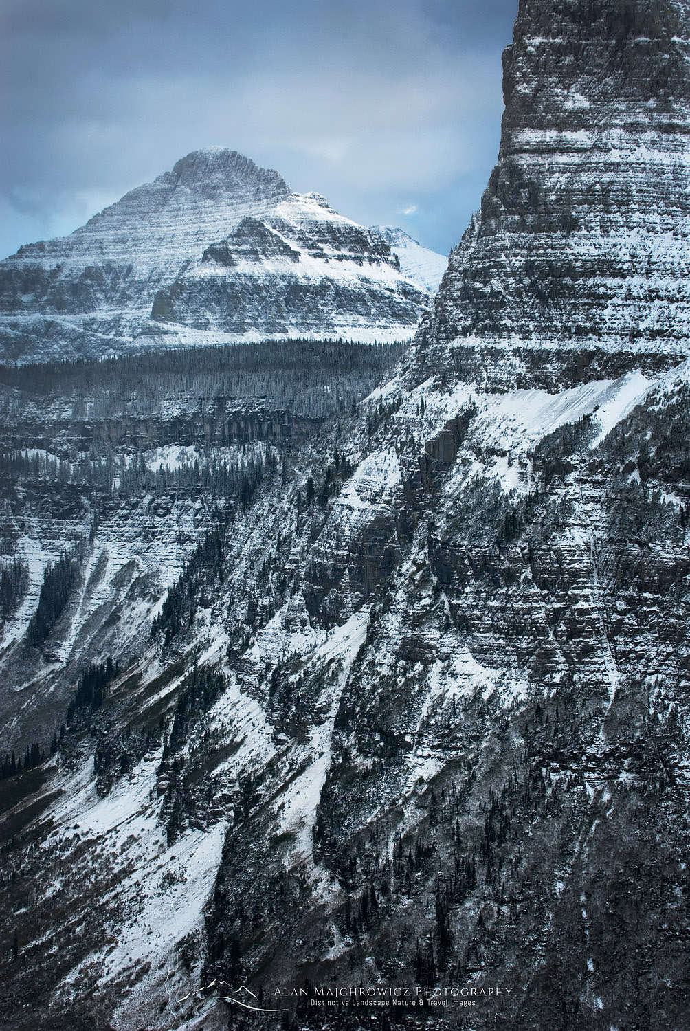 Fresh autumn snow highlighting the sedimentary layers in the mountains of Glacier National Park Montana, from Going to the Sun Road #26080