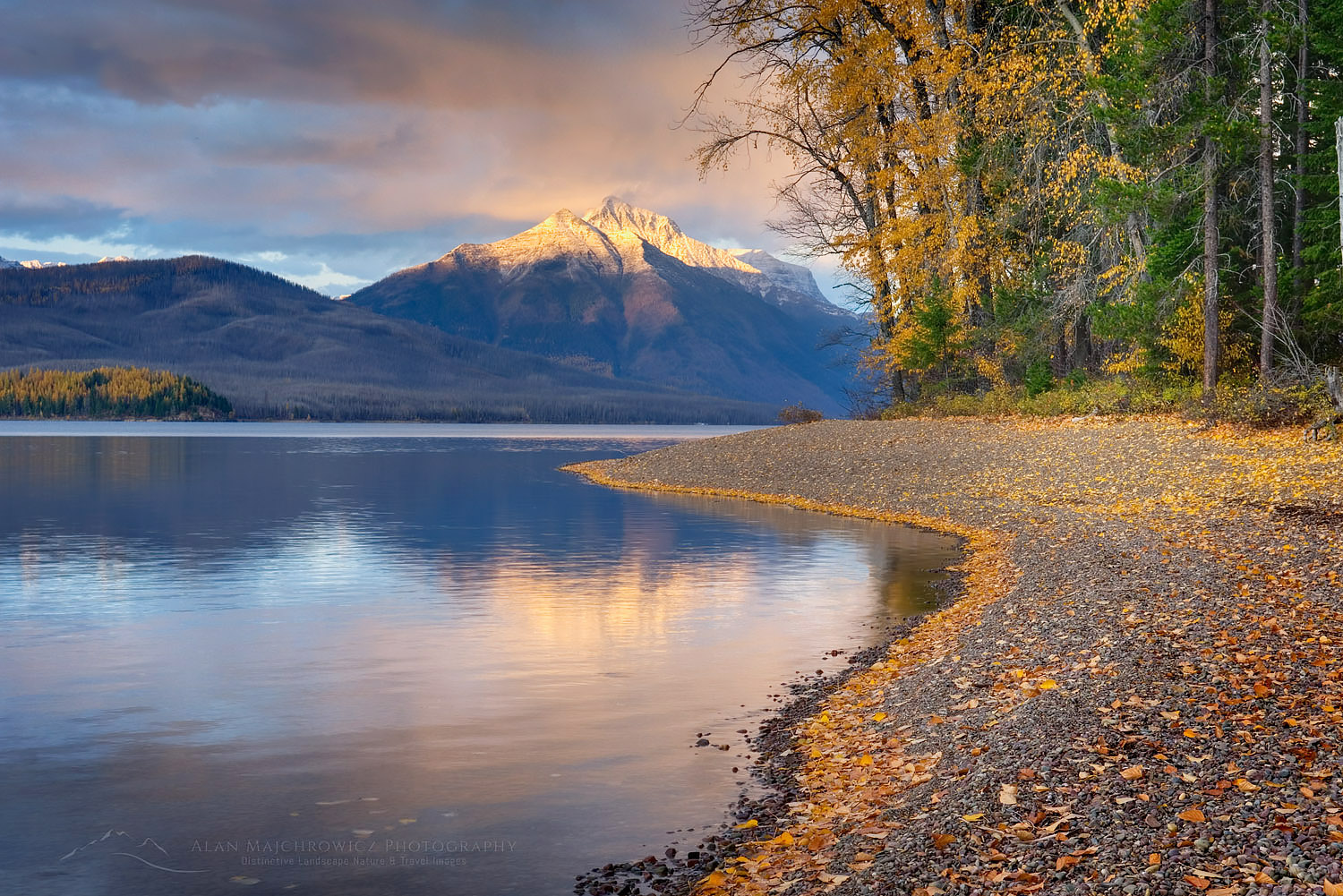 Fallen leaves on the shore of Lake McDonald, Mounts Stanton and Vaught in the distance glow in the evening light, Glacier National park Montana #22761