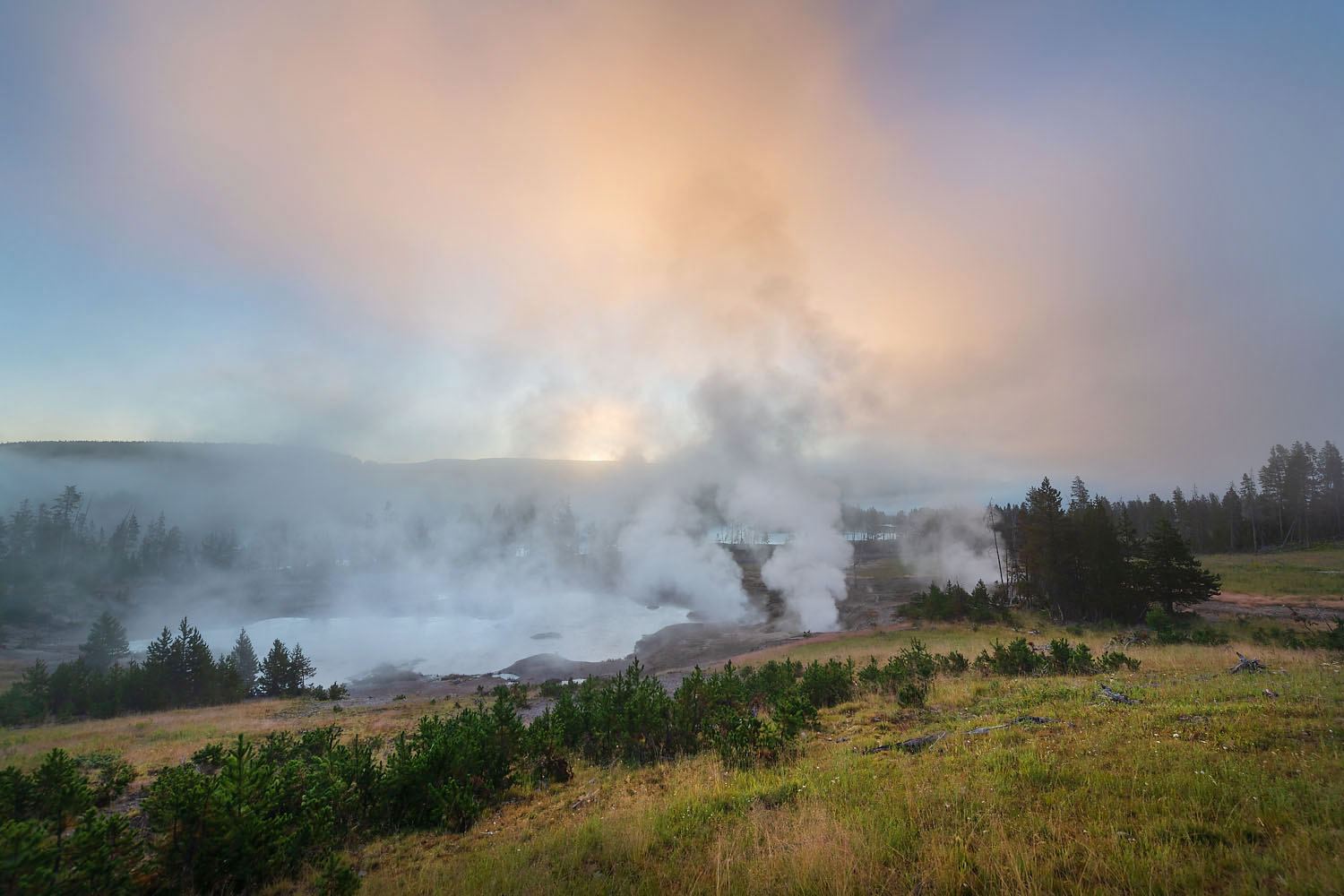 Fog and steam rising from Mud Volcano area geysers and hot springs at sunrise. Yellowstone National Park #69413