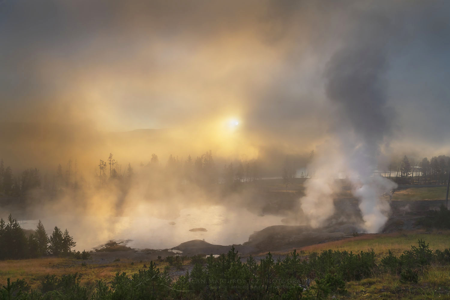 Fog and steam rising from Mud Volcano area geysers and hot springs at sunrise. Yellowstone National Park #69423
