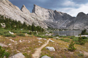 East Temple Peak and trail along Deep Lake. Bridger Wilderness Wind River Range Wyoming