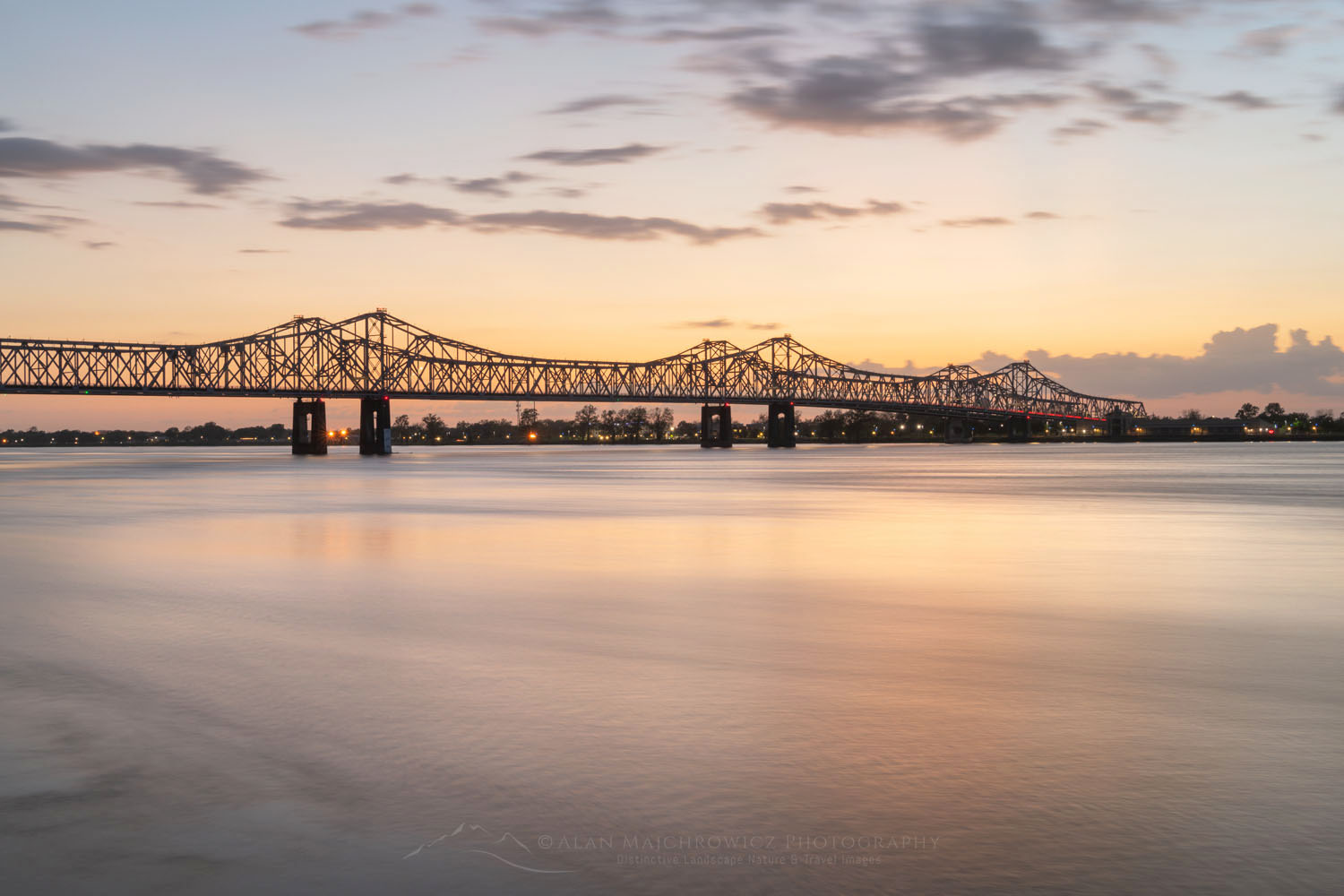 Natchez–Vidalia Bridge over the Mississippi River after sunset. Seen from Natchez Mississippi #77442