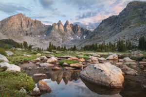 Shadow Lake and view of the backside of Cirque of the Towers. Bridger Wilderness. Wind River Range Wyoming