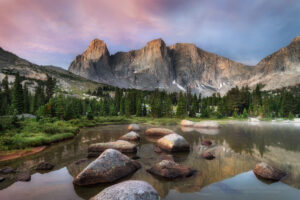 War Bonnet and Warrior Peaks reflected in Lonesome Lake at dawn in Cirque of the Towers, Popo Agie Wilderness Wind River Range Wyoming #78372or