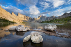 East Temple and Temple Peaks are reflected in Deep Lake. Bridger Wilderness Wind River Range Wyoming #78671or