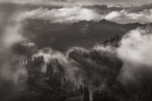 Misty clouds swirling around peaks of the North Cascades in Heather Meadows Recreation Area, Washington #73536bw