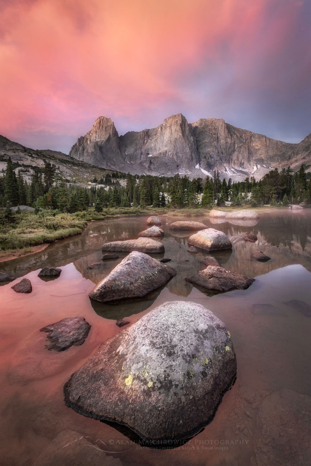 War Bonnet and Warrior Peaks reflected in Lonesome Lake at dawn in Cirque of the Towers, Popo Agie Wilderness Wind River Range Wyoming #78375or