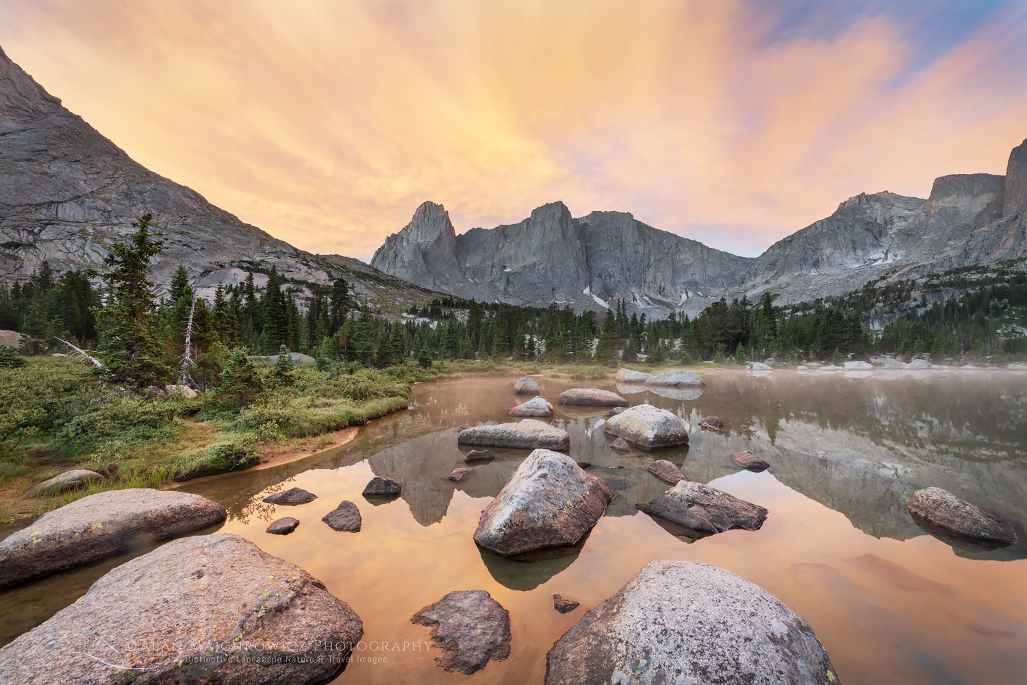 Cirque of the Towers reflected in Lonesome Lake at dawn, Popo Agie Wilderness Wind River Range Wyoming #78394
