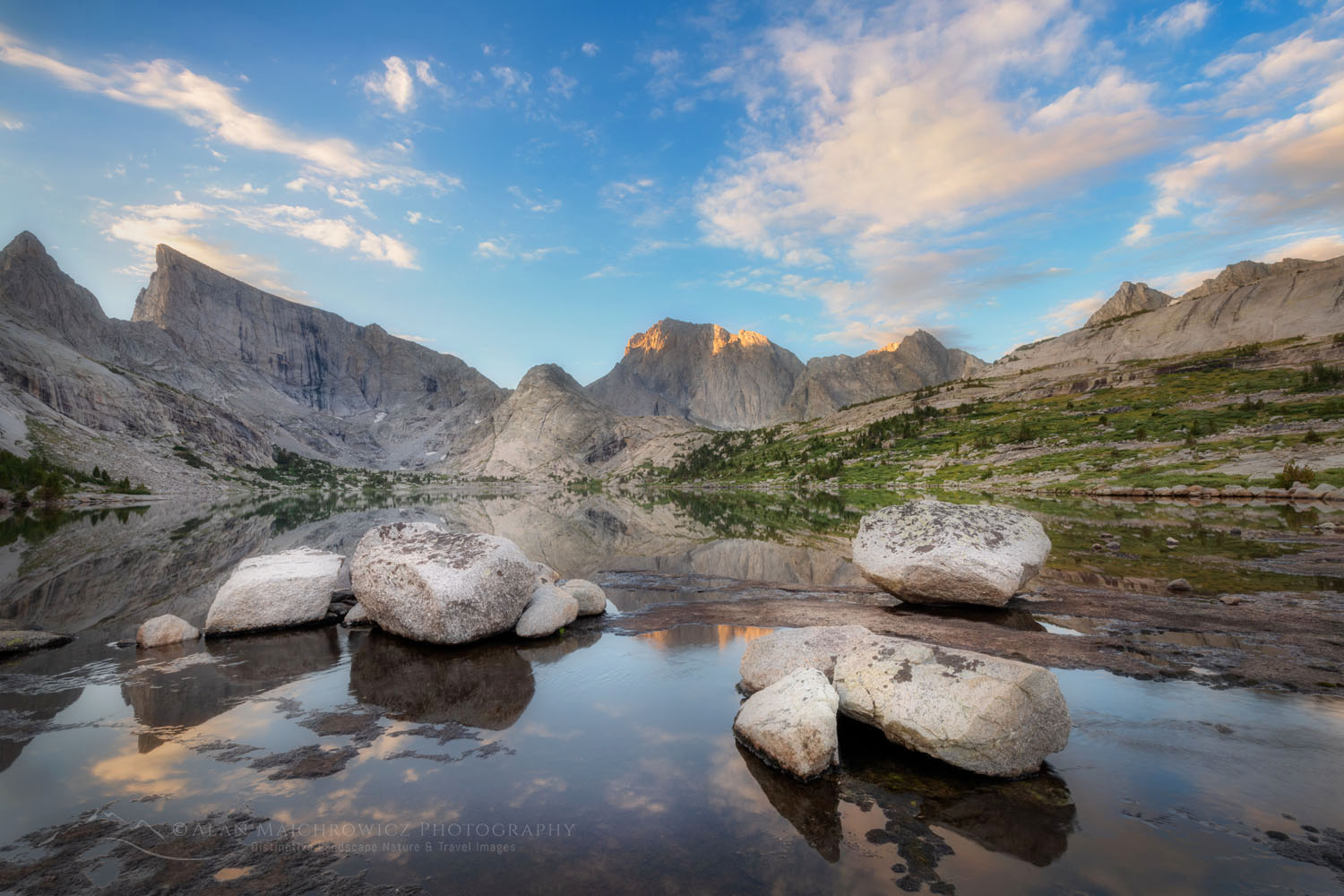 East Temple and Temple Peaks reflected in Deep Lake. Bridger Wilderness Wind River Range Wyoming #78574or